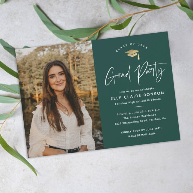 Simple Script Green Photo Graduation Party Invitation (Modern script green and gold photo graduation party invitation.)