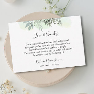 Simple Script Greenery Sympathy Funeral Thank You Card