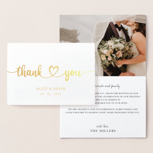 Simple Script Handwritten Photo Wedding Thank You  Foil Card (Display)