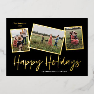 Simple Script Happy Holidays 3 Photo Collage Gold