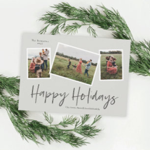 Simple Script Happy Holidays 3 Photo Collage Holiday Card