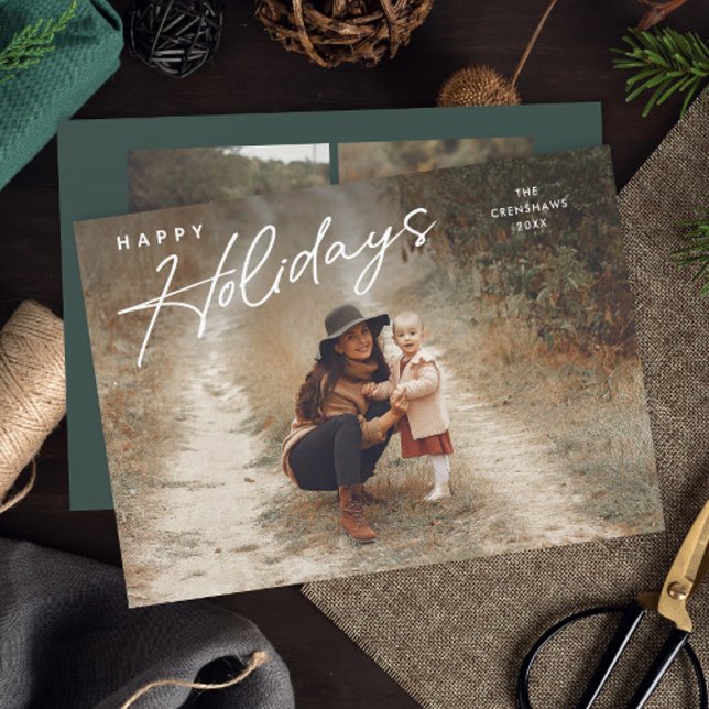 Simple Script Happy Holidays 3 Photo  Holiday Card (Simple script 3 photo happy holiday card.)