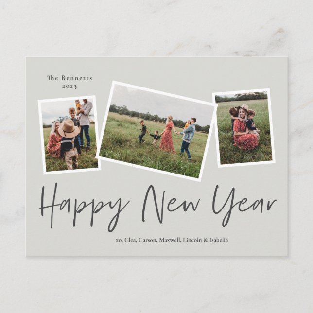 Simple Script Happy New Year 3 Photo Collage Holiday Postcard (Front)