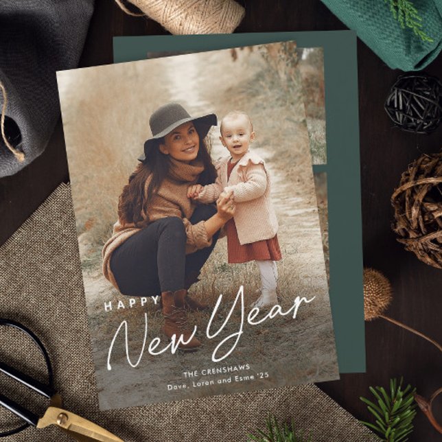 Simple Script Happy New Year 3 Photo  Holiday Card (Simple Script 3 Photo New Years Holiday Card.)