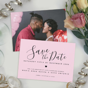 Simple script heart black on pink photo wedding save the date