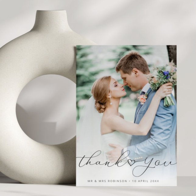 simple script heart wedding photo thank you card (Creator Uploaded)