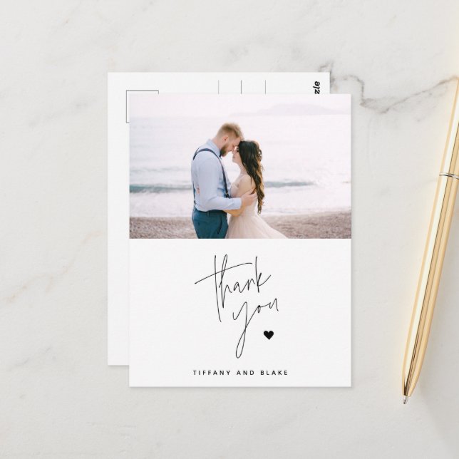 Simple Script Heart Wedding Thank You Photo Postcard (Front/Back In Situ)