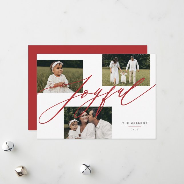 Simple Script Joyful Greeting Red Photo Holiday Card (Front/Back In Situ)