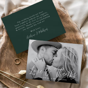 Simple Script Love and Thanks Green Photo Wedding Thank You Card