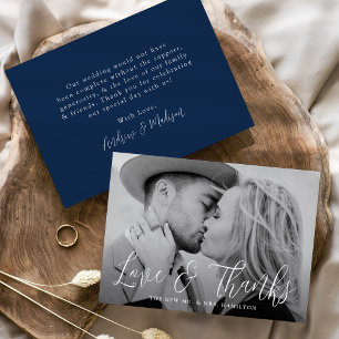 Simple Script Love and Thanks Navy Photo Wedding Thank You Card