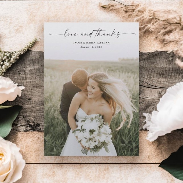 Simple Script Love and Thanks Photo Wedding Thank You Card (Elegant wedding photo thank you card with modern love and thanks script typographic overlay.)