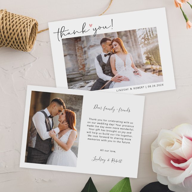 Simple Script Love Heart Classy Wedding Photo Thank You Card (Say "thank you" with grace and beauty with this Simple Script  Wedding Photo Thank Card.)