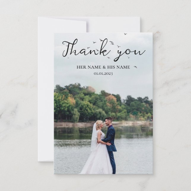 Simple Script Love Heart Classy Wedding Photo Thank You Card (Front)