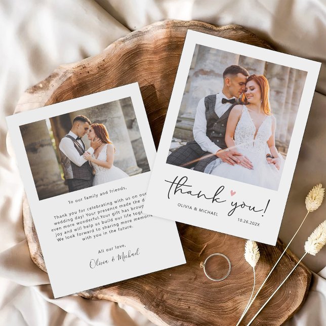 Simple Script Love Heart Minimalist Wedding Photo  Thank You Card (Creator Uploaded)