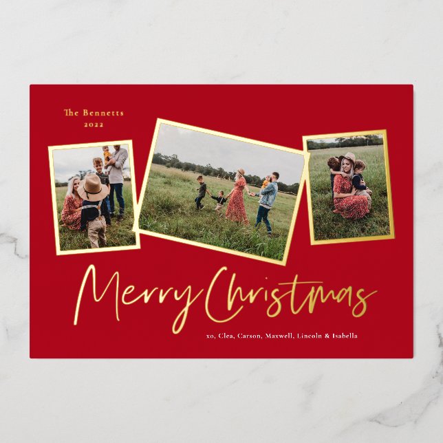 Simple Script Merry Christmas 3 Photo Collage Gold (Front)