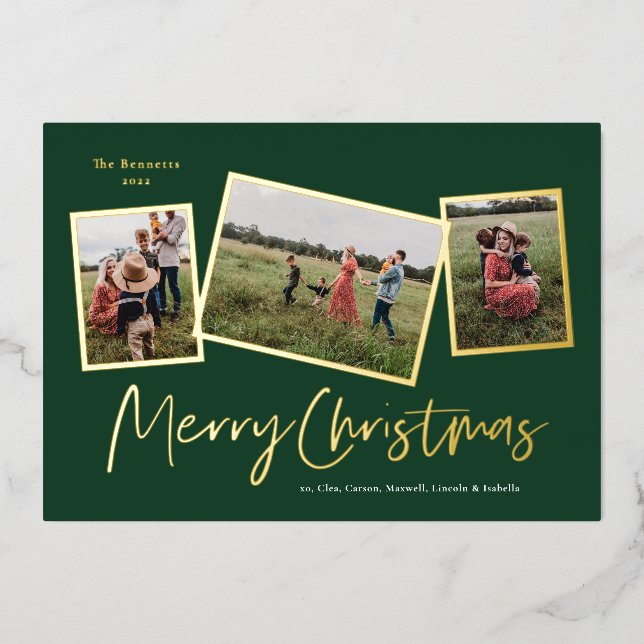 Simple Script Merry Christmas 3 Photo Collage Gold (Front)