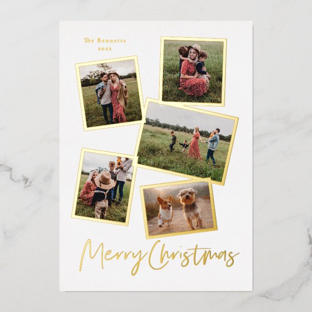 Simple Script Merry Christmas Photo Collage Gold (Front)