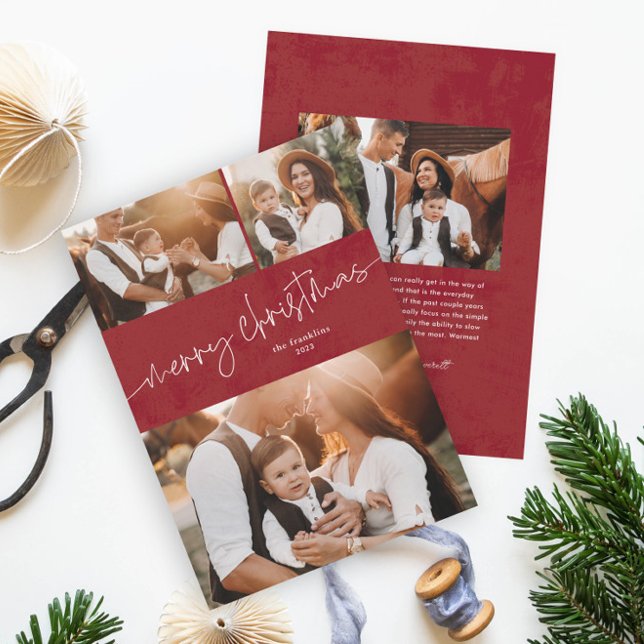 Simple script merry christmas photo collage holiday card (Modern script merry christmas photo collage red holiday card.)