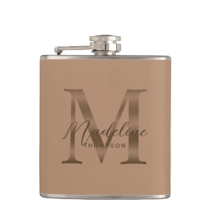 Simple Script Metallic Taupe Gold Monogram Hip Flask