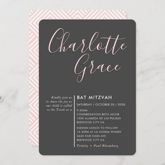 SIMPLE SCRIPT modern Bat Mitzvah dark grey pink Invitation (Front/Back)