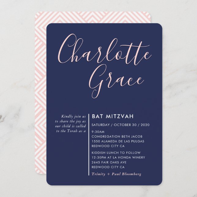 SIMPLE SCRIPT modern Bat Mitzvah navy blue pink Invitation (Front/Back)