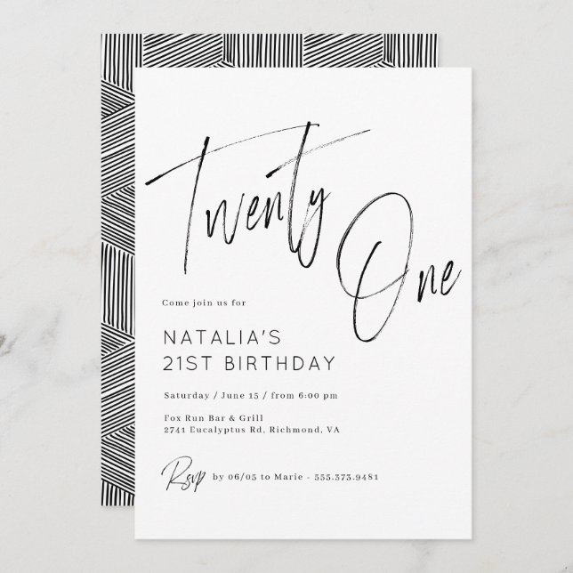 Simple Script Modern Black and White 21st Birthday Invitation (Front/Back)