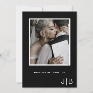  Simple script modern black white monogram photo  Thank You Card