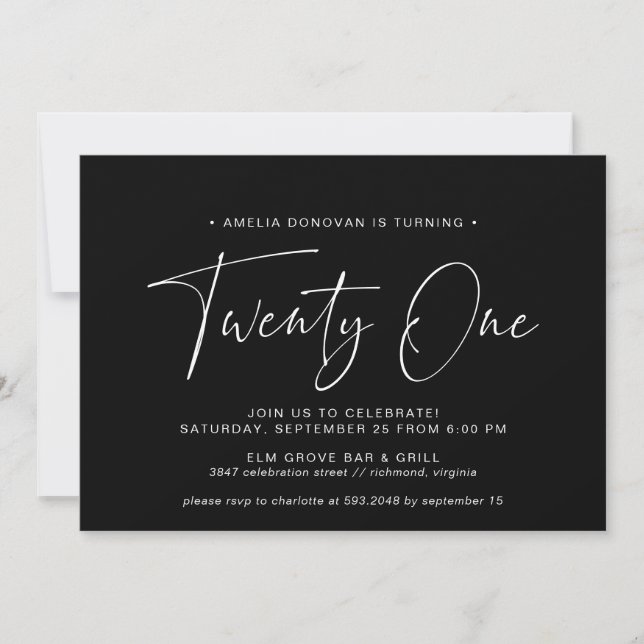 Simple Script | Modern Minimal Black 21st Birthday Invitation (Front)