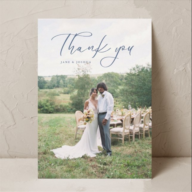 Simple Script Modern Wedding Photo Blue Thank You Card (Creator Uploaded)
