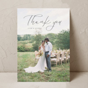 Simple Script Modern Wedding Photo Grey Thank You Card