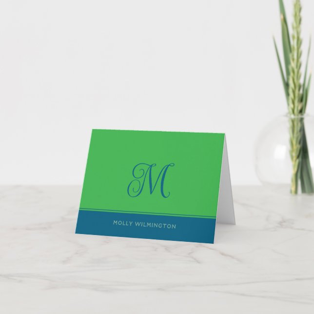 Simple Script Monogram Green and Blue Note Cards (Front)