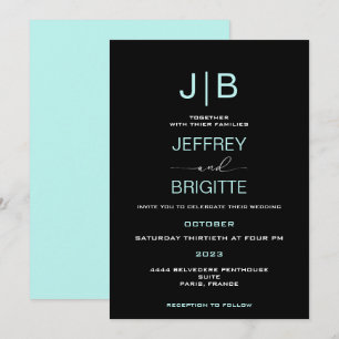 Simple script monogram, teal, and white wedding  invitation