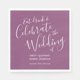 Simple script mulberry and white wedding napkins