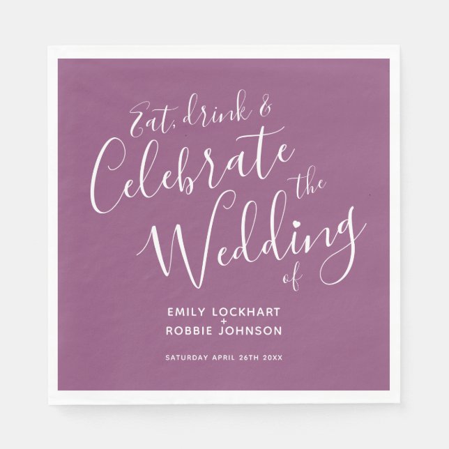 Simple script mulberry and white wedding napkins (Front)