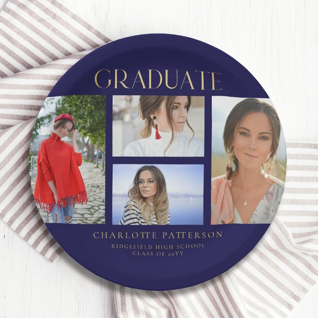 Simple Script Multi Photo Grad Graduation Party Paper Plate (Creator Uploaded)