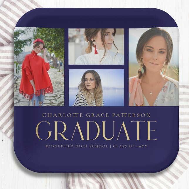 Simple Script Multi Photo Grad Graduation Party Paper Plate (Creator Uploaded)
