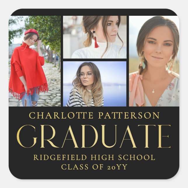 Simple Script Multi Photo Graduation Announcement Square Sticker (Front)