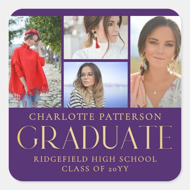 Simple Script Multi Photo Graduation Announcement Square Sticker (Front)