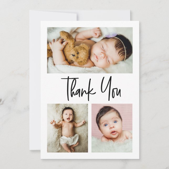 Simple script multiple photos collage baby shower thank you card (Front)