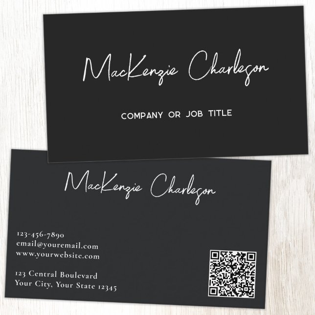 Simple Script Name and Text QR Code Black Business Card (Simple modern script minimalist business card with QR code black)