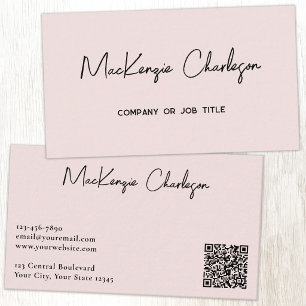 Simple Script Name and Text QR Code Blush Pink Business Card