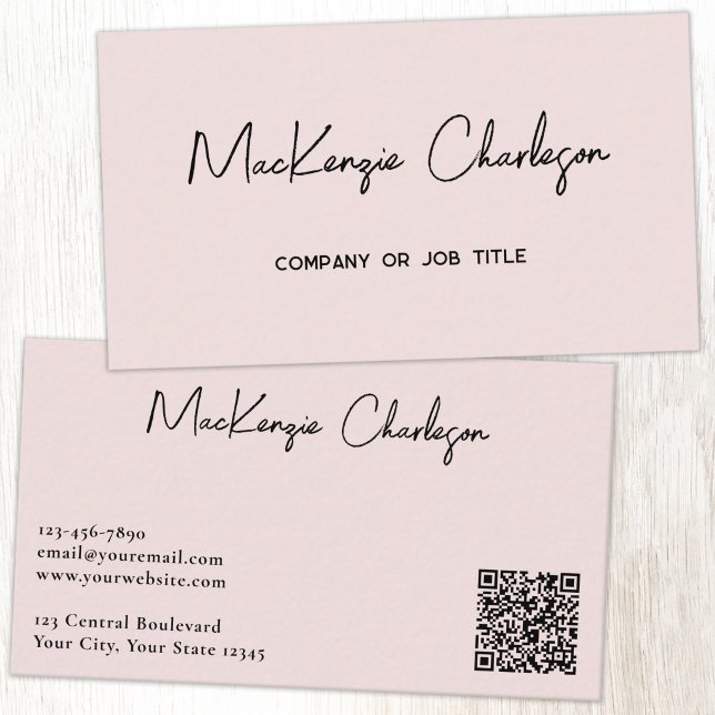 Simple Script Name and Text QR Code Blush Pink Business Card (Simple modern script minimalist business card with QR code in blush pink)