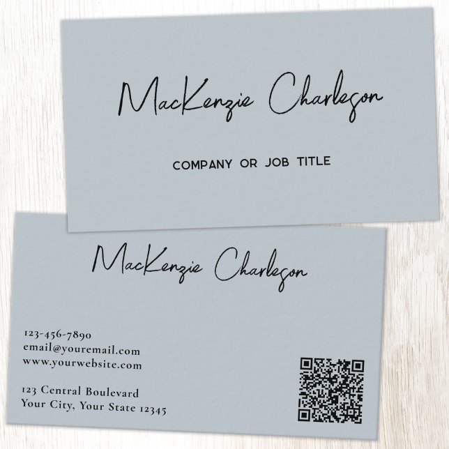 Simple Script Name and Text QR Code Powder Blue Business Card (Simple modern script minimalist business card with QR code in light powder blue)