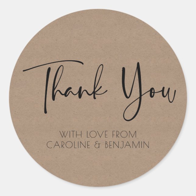 Simple Script Name Brown Kraft Paper Thank You Classic Round Sticker (Front)
