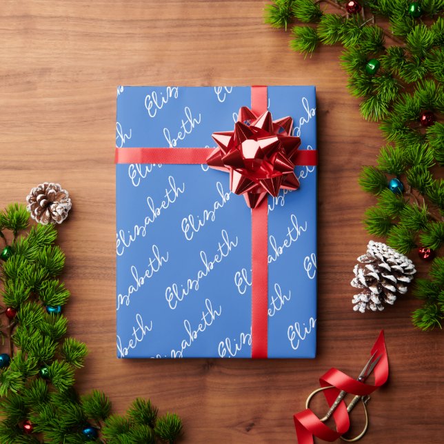 Simple Script Name Personalised Blue Wrapping Paper (Holiday Gift)