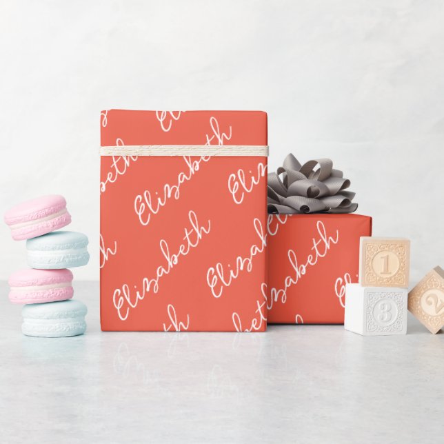 Simple Script Name Personalised Orange Wrapping Paper (Baby Shower)