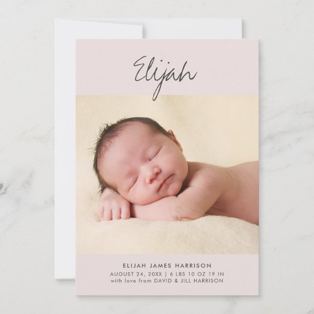 Simple Script Name Pink 1-Photo Birth Announcement (Front)