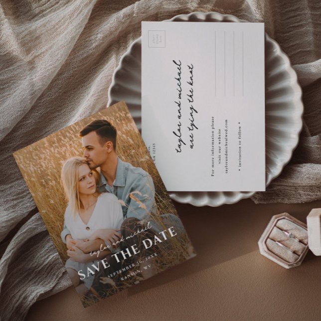Simple Script Names Photo Wedding Announcement Postcard (Simple photo overlay wedding save the date postcard.)
