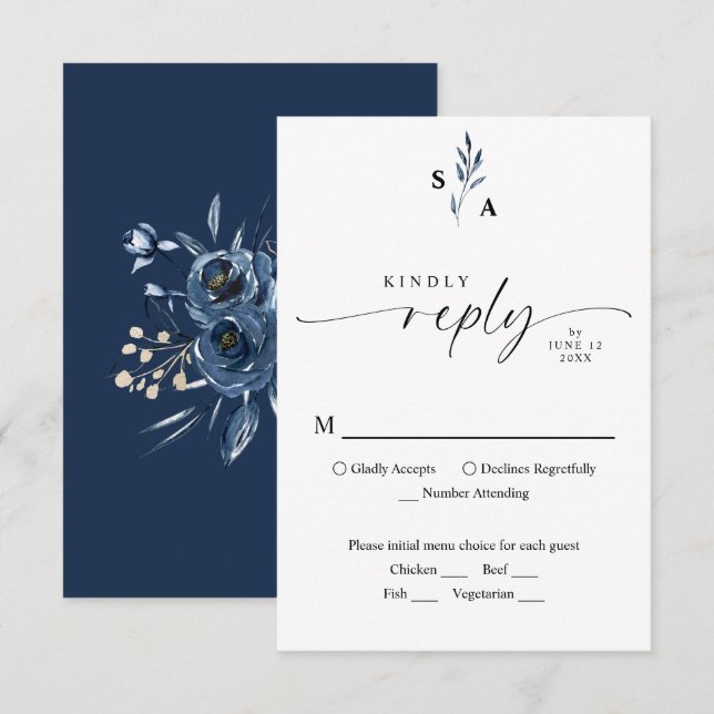 Simple Script Navy Blue Botanical Monogram Wedding RSVP Card (Front/Back)
