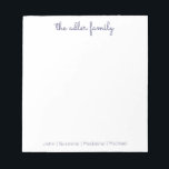 Simple Script Navy Blue Family Notepad<br><div class="desc">Family Notepad - Perfect for everyday notes and lists.  Personalised with your family's last name at the top and finished with your family member's first names at the bottom.  The colour can easily be changed.</div>